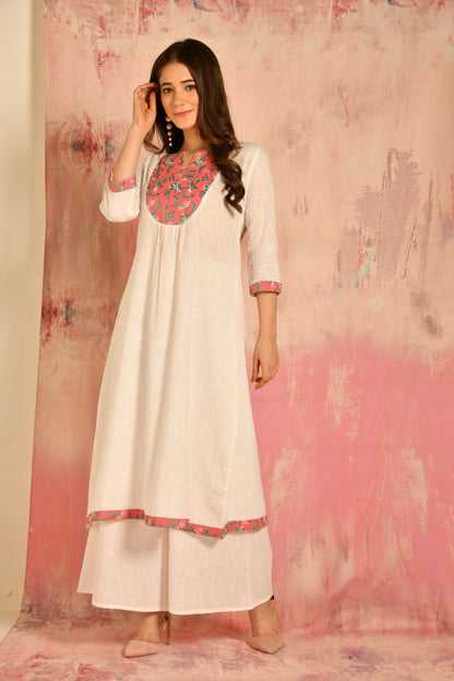 White A-line Cotton Kurta With Embroidered Yoke Details