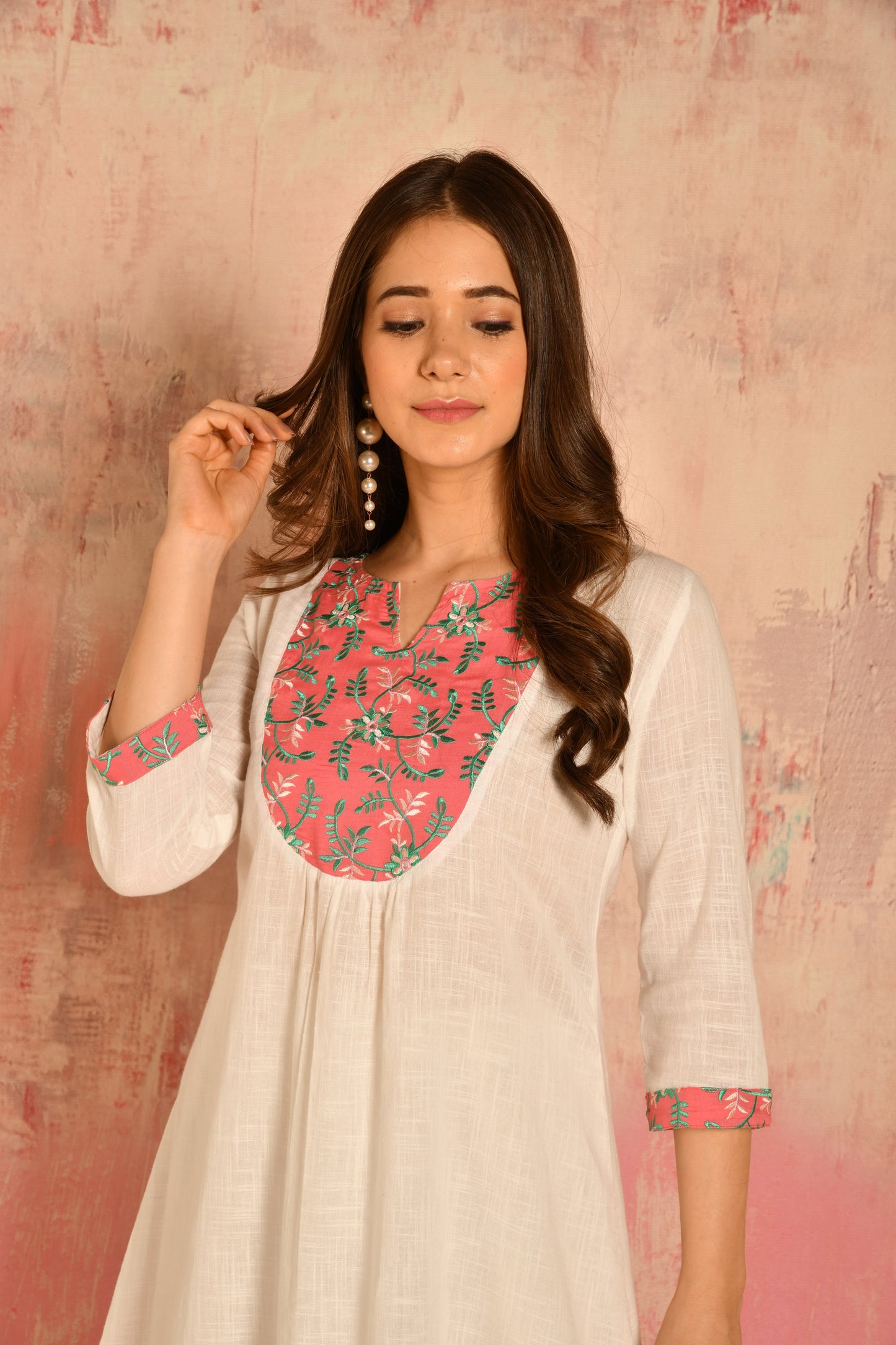 White A-line Cotton Kurta With Embroidered Yoke Details