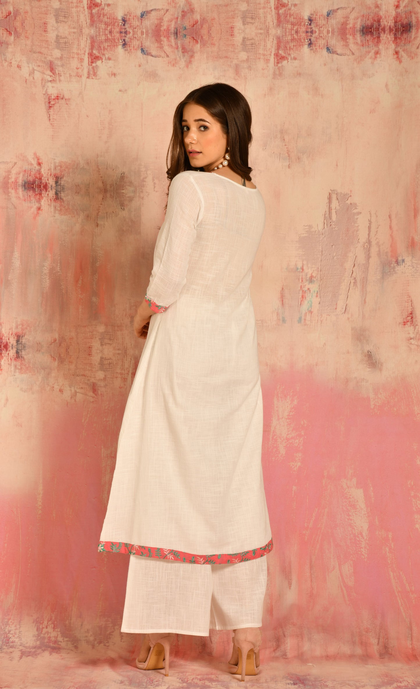 White A-line Cotton Kurta With Embroidered Yoke Details