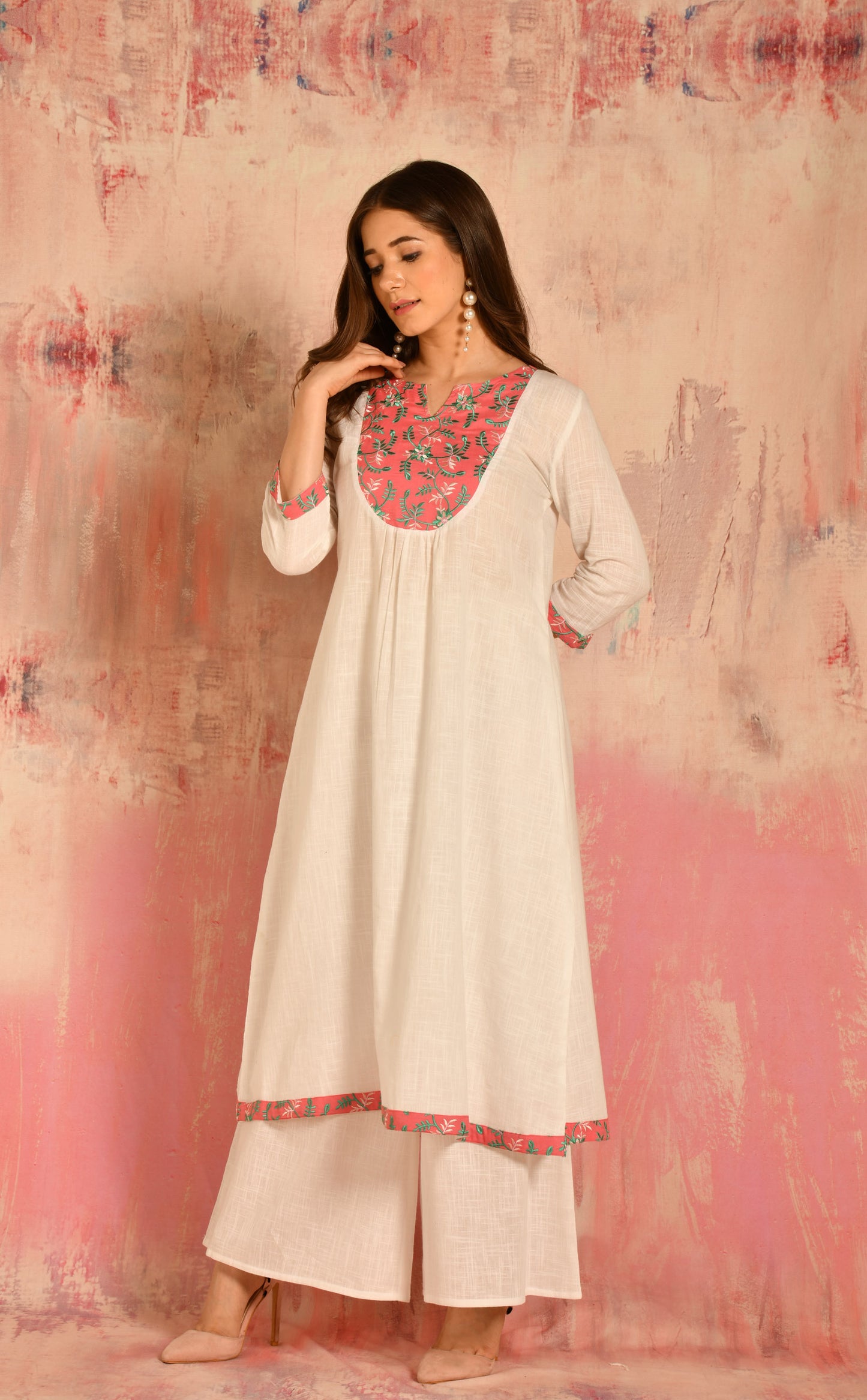 White A-line Cotton Kurta With Embroidered Yoke Details