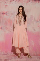 Peach Pure Viscose Kurta With Embroidery & Yoke Paired Pants