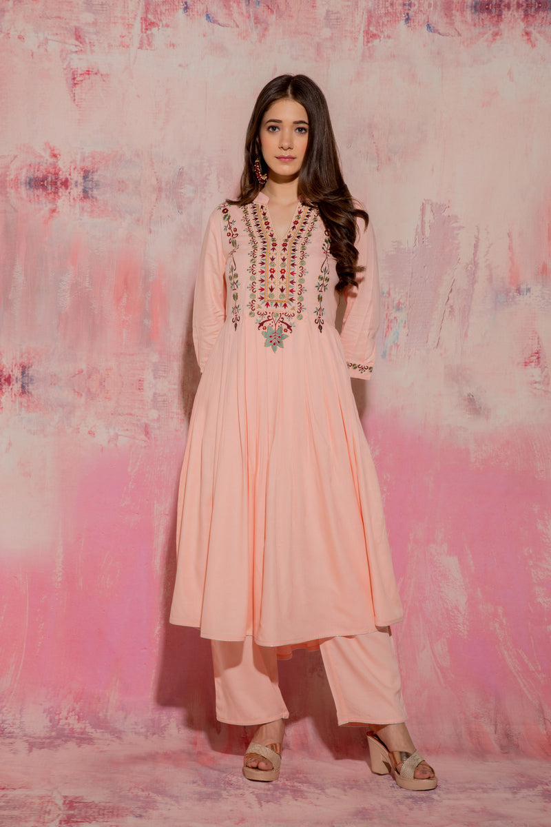 Peach Pure Viscose Kurta With Embroidery & Yoke Paired Pants