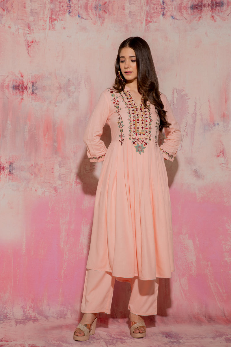 Peach Pure Viscose Kurta With Embroidery & Yoke Paired Pants