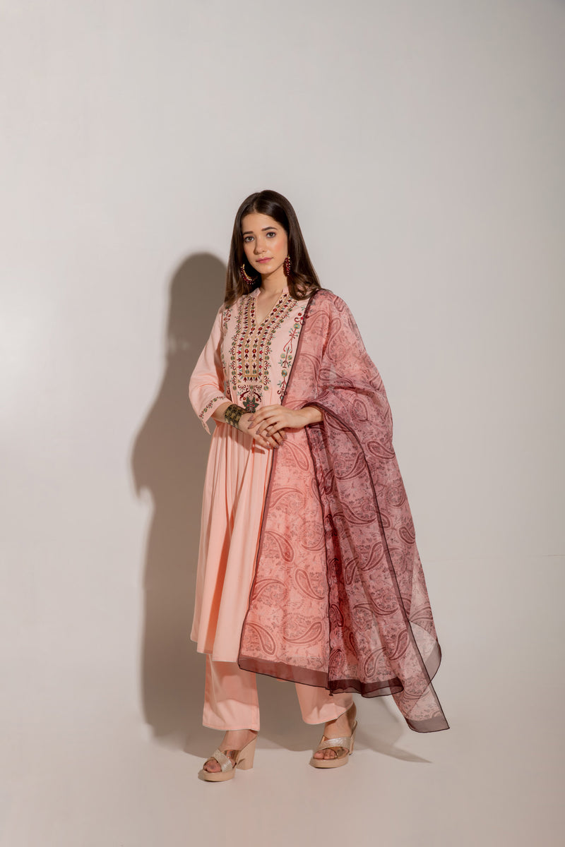 Peach Pure Viscose Kurta With Embroidery & Yoke Paired Pants