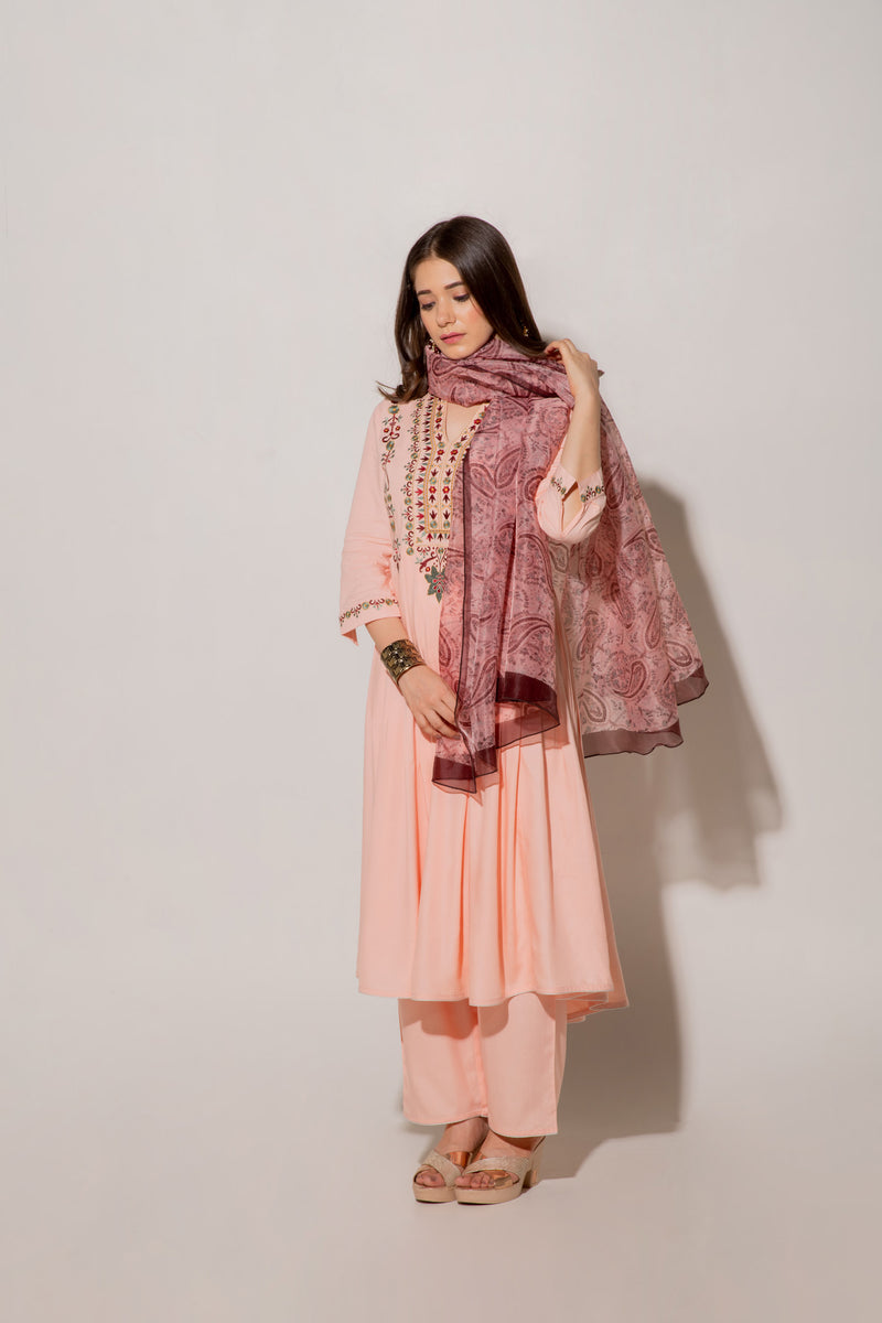 Peach Pure Viscose Kurta With Embroidery & Yoke Paired Pants