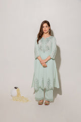 Green Mandarin Collared Straight Embroidered Kurta Set