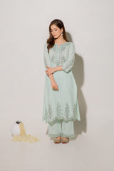 Green Mandarin Collared Straight Embroidered Kurta Set