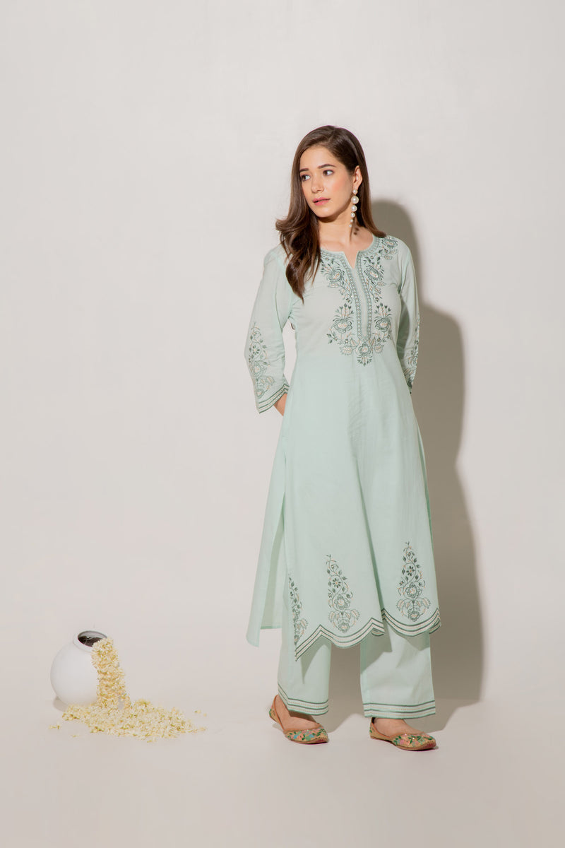 Green Mandarin Collared Straight Embroidered Kurta Set