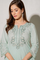 Green Mandarin Collared Straight Embroidered Kurta Set