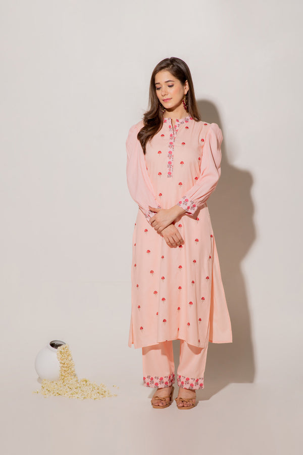 Pure Viscose Peach A-line Kurta Set With Embroidery Details