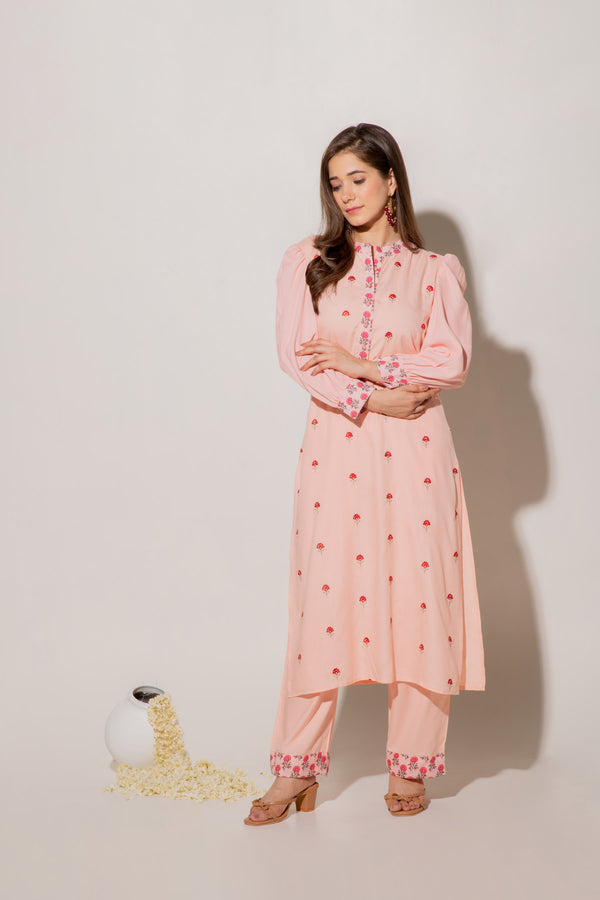 Pure Viscose Peach A-line Kurta Set With Embroidery Details