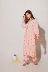 Pure Viscose Peach A-line Kurta Set With Embroidery Details