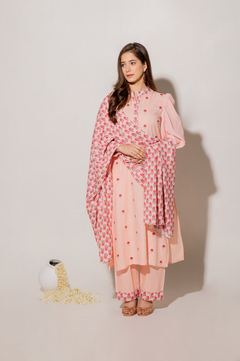 Pure Viscose Peach A-line Kurta Set With Embroidery Details