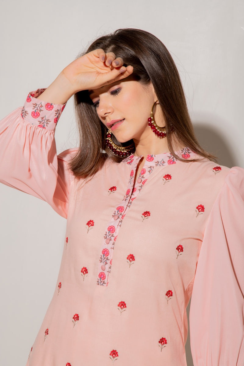 Pure Viscose Peach A-line Kurta Set With Embroidery Details