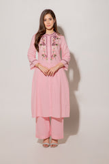 Pink A-line Cotton Kurta Set With Embroidery Details