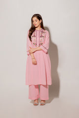 Pink A-line Cotton Kurta Set With Embroidery Details