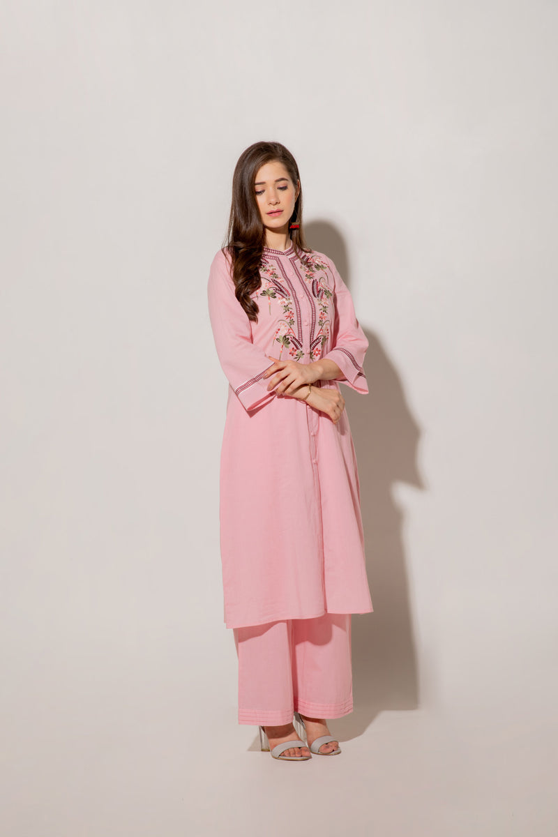 Pink A-line Cotton Kurta Set With Embroidery Details