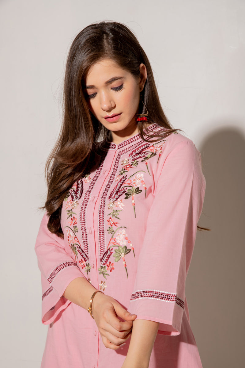 Pink A-line Cotton Kurta Set With Embroidery Details