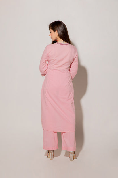 Pink A-line Cotton Kurta Set With Embroidery Details