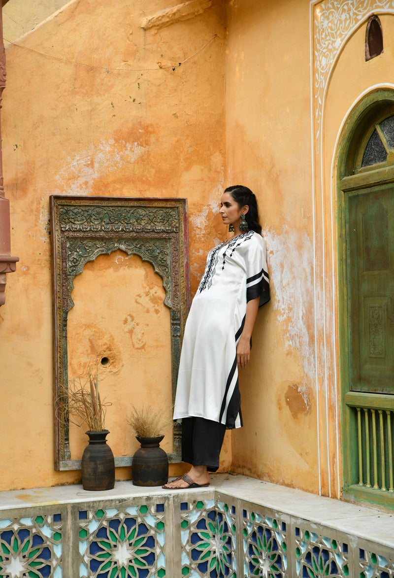 Black & White Embroidered Satin Kaftan Set