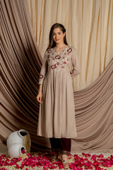 Khaki Wine Pure Viscose Gathered-kurta Set