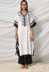 Black & White Embroidered Satin Kaftan Set