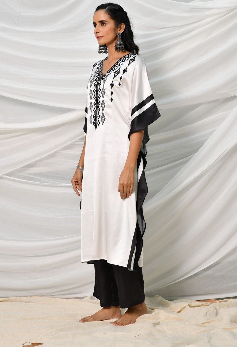 Black & White Embroidered Satin Kaftan Set