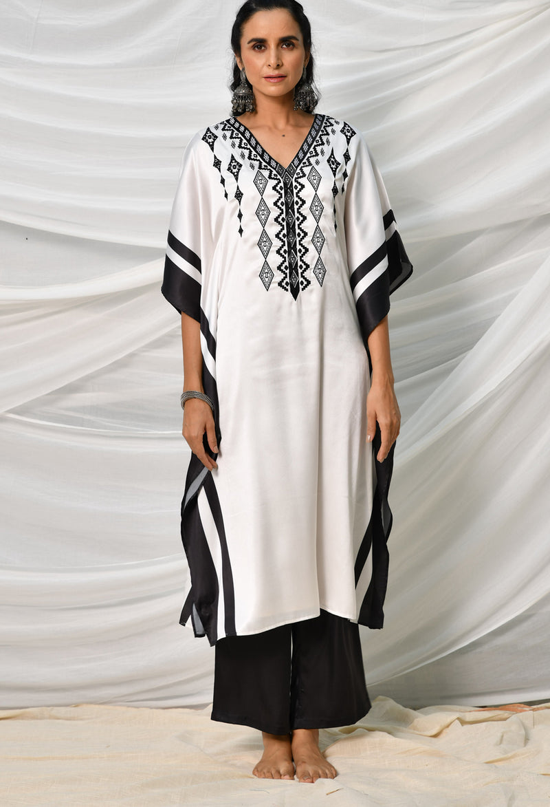 Black & White Embroidered Satin Kaftan Set