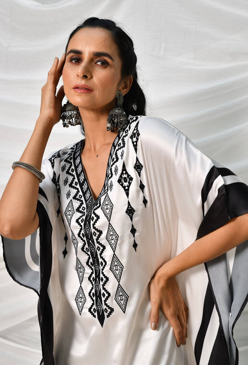 Black & White Embroidered Satin Kaftan Set