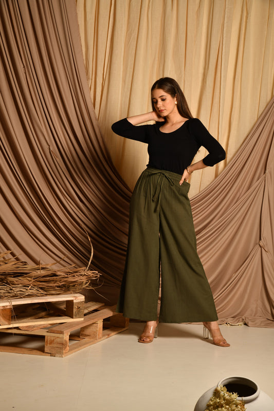 Olive Green Flared Palazzo Pants