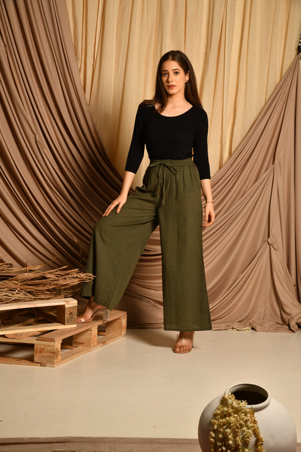 Olive Green Flared Palazzo Pants