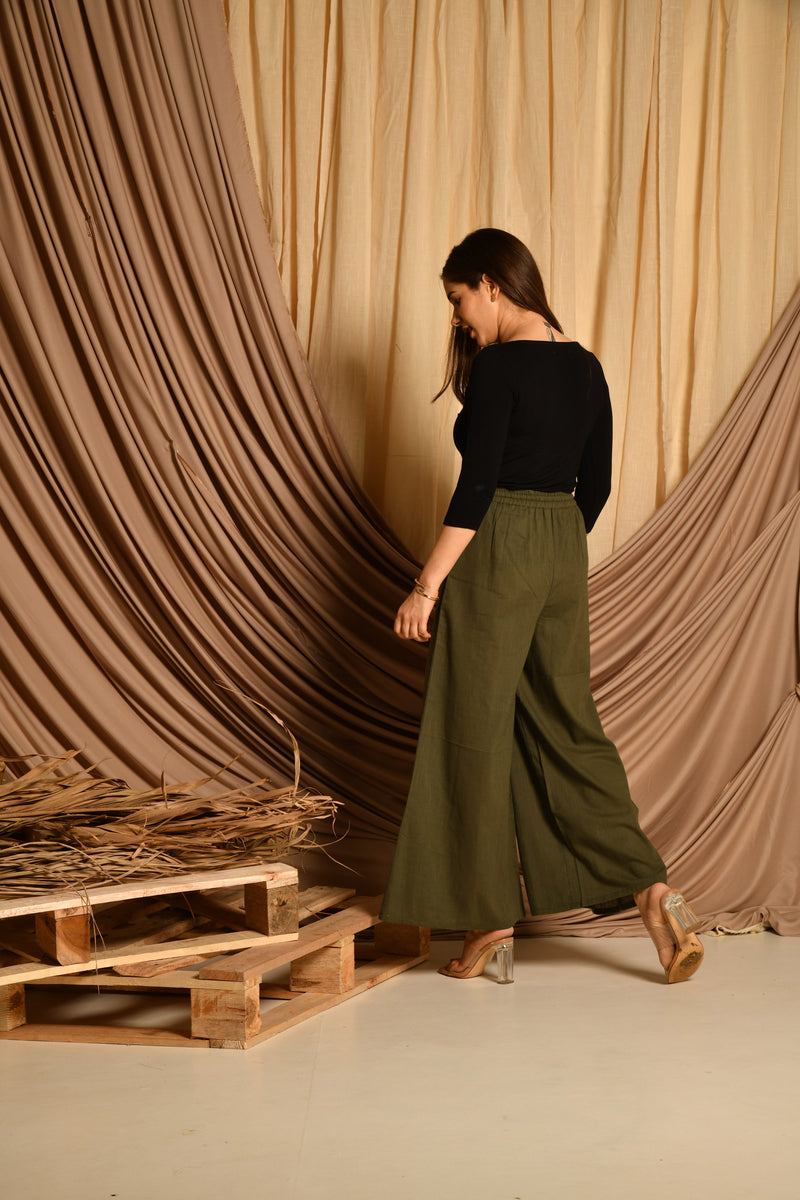 Olive Green Flared Palazzo Pants