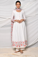 White Moss Fabric Gathered Kurta Set With Detailed Print