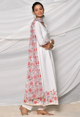 White Moss Fabric Gathered Kurta Set With Detailed Print