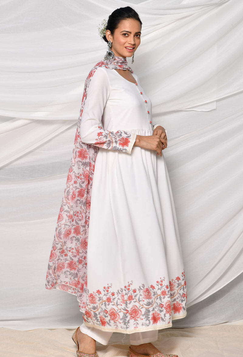 White Moss Fabric Gathered Kurta Set With Detailed Print