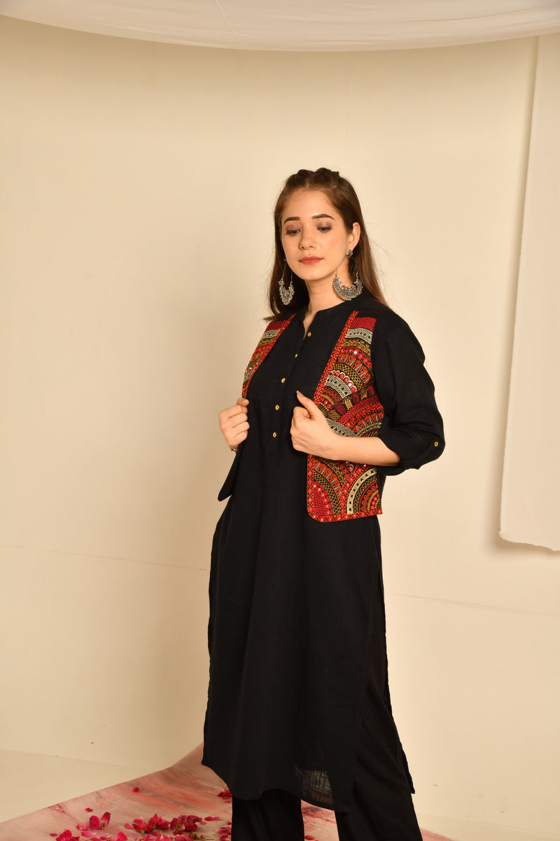 Black Ethnic Round Print Embroidered Jacket With Black Kurta