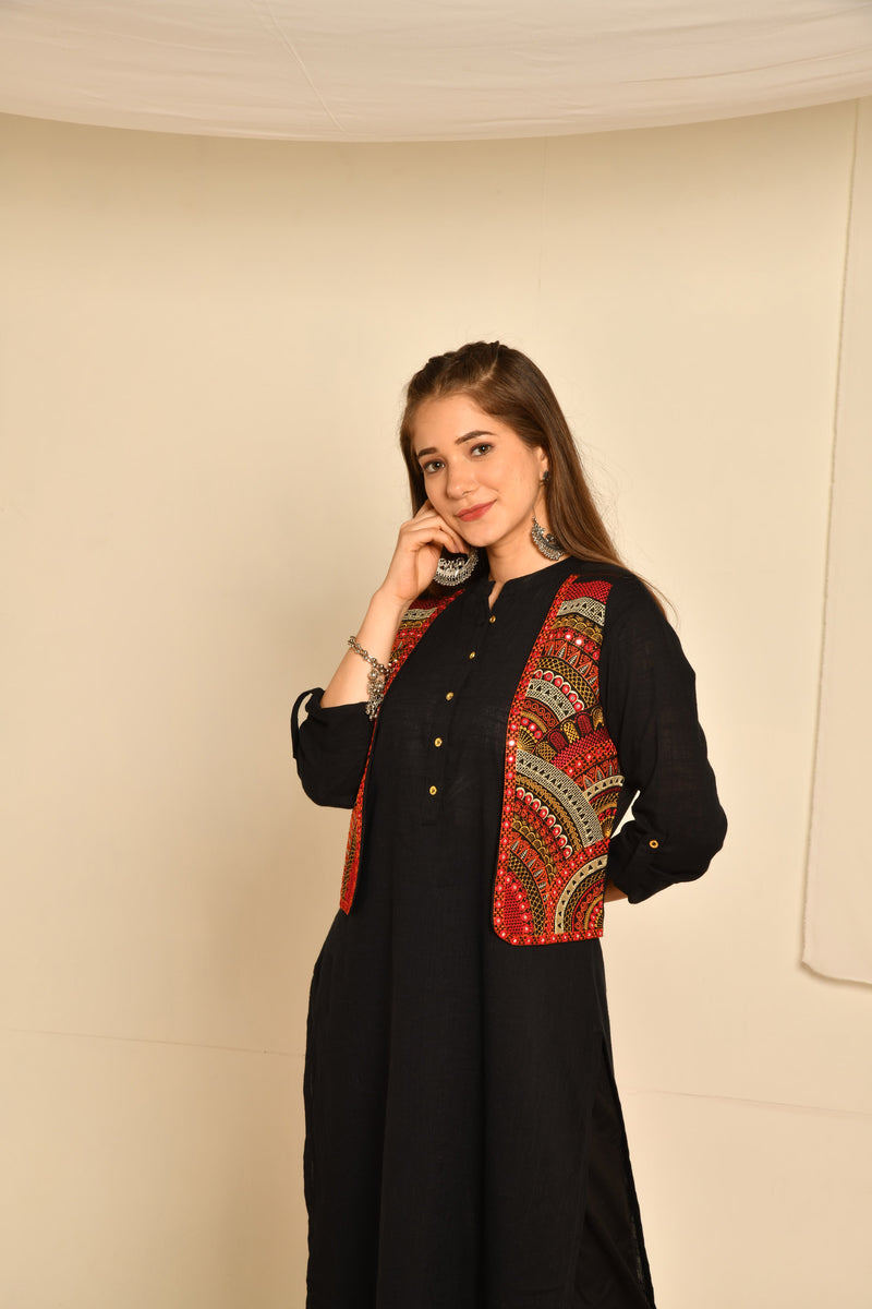 Black Ethnic Round Print Embroidered Jacket With Black Kurta