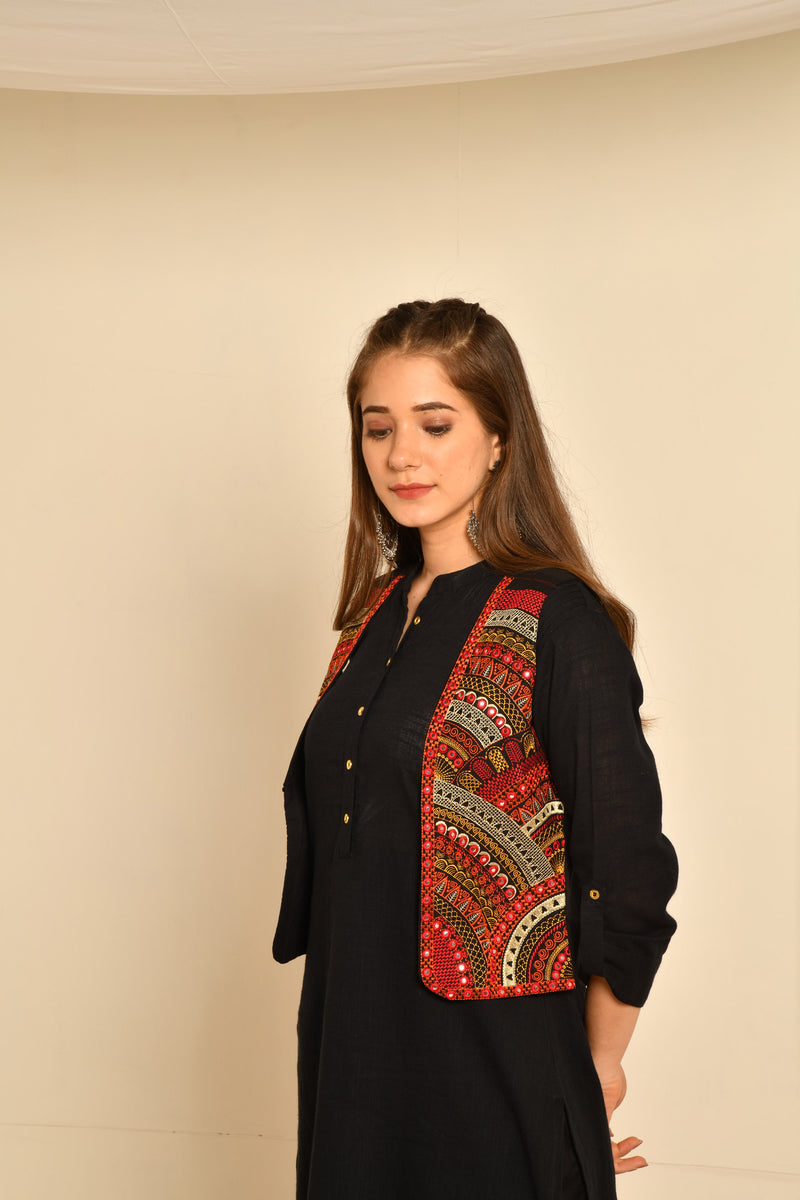 Black Ethnic Round Print Embroidered Jacket With Black Kurta