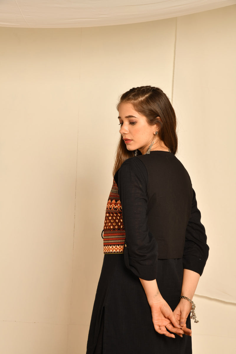 Black Ethnic Embroidered Jacket With Black Kurta