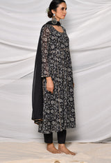 Georgette Black Printed Anarkali Set With Chiffon Dupatta