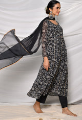 Georgette Black Printed Anarkali Set With Chiffon Dupatta