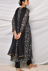 Georgette Black Printed Anarkali Set With Chiffon Dupatta