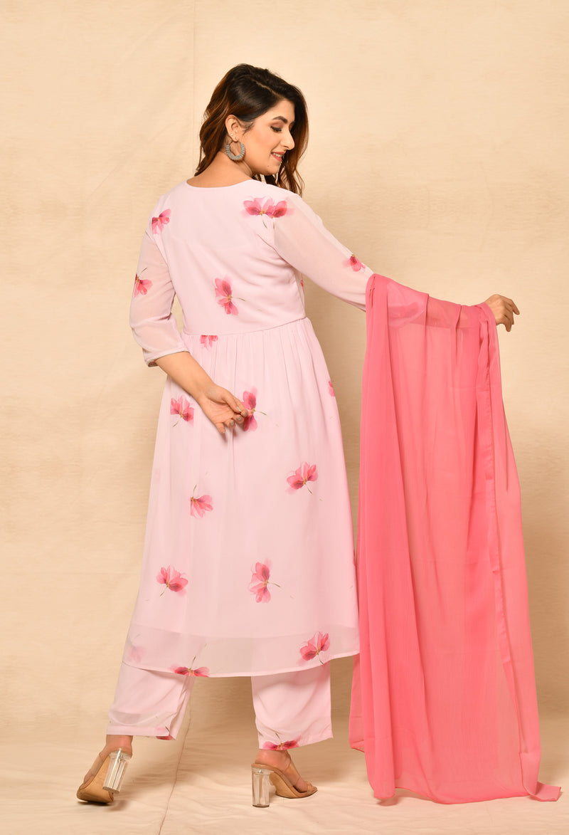 Pink Printed Gathered Anarkali Kurta Set