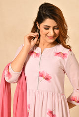 Pink Printed Gathered Anarkali Kurta Set