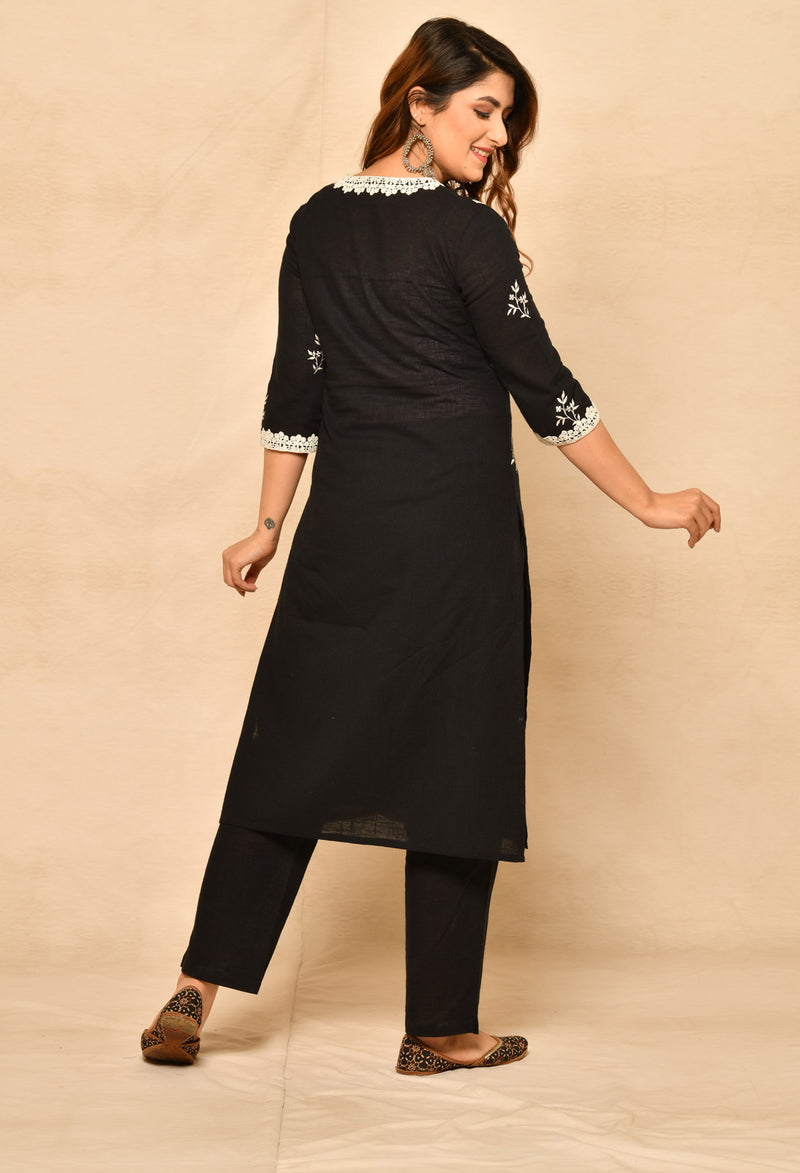 Black Straight Kurta Set With Embroidery And Laces.