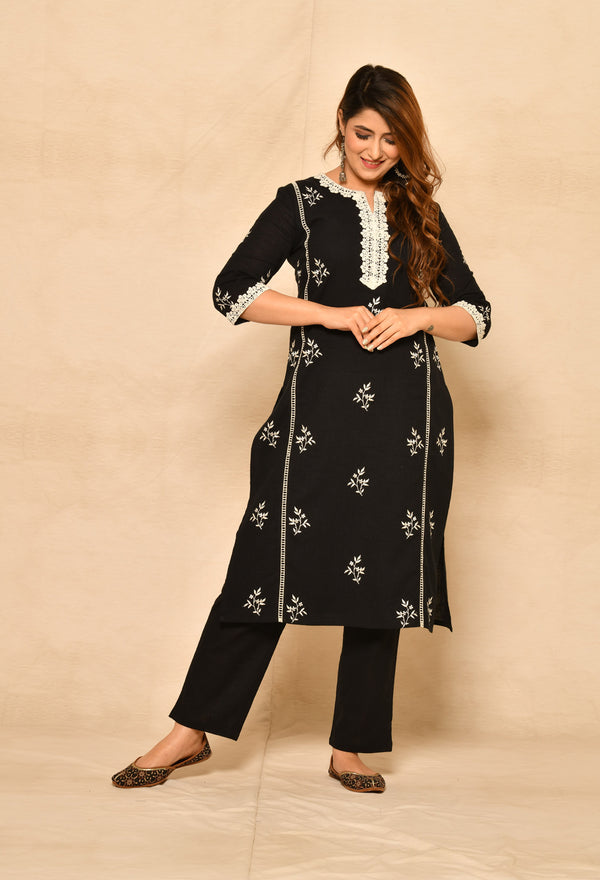 Black Straight Kurta Set With Embroidery And Laces.