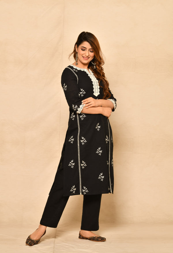 Black Straight Kurta Set With Embroidery And Laces.