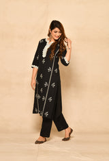 Black Straight Kurta Set With Embroidery And Laces.