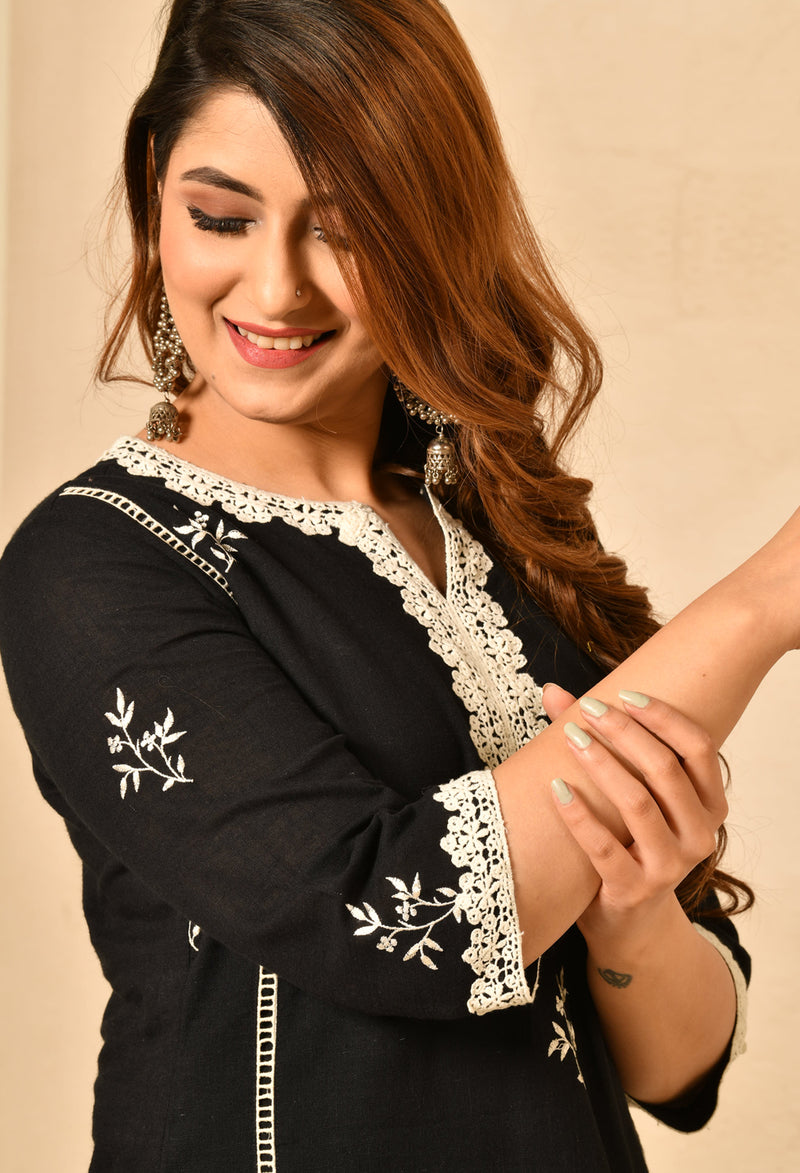 Black Straight Kurta Set With Embroidery And Laces.