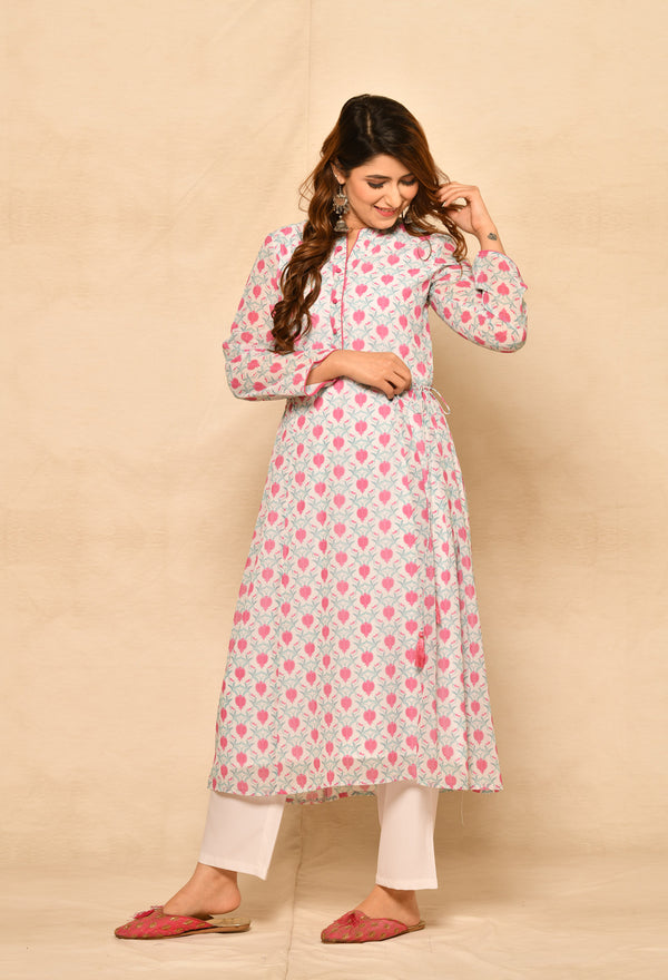 Georgette Regular Fit White Printed Kurti With Side Gathers